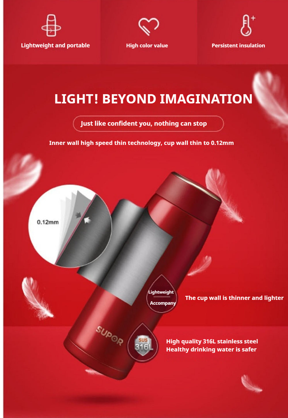 SUPOR Red Lightweight Insulation Cup