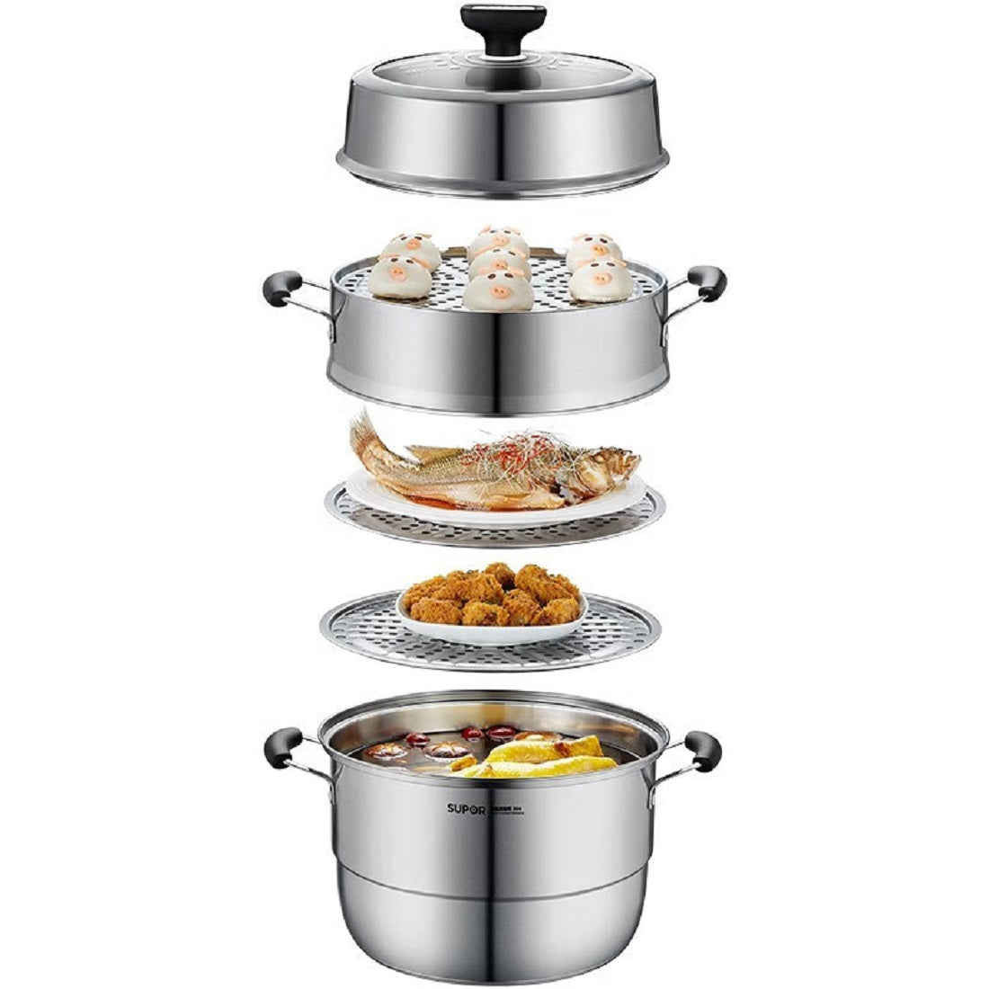 SUPOR  Non-Stirring 3-Layer Stainless Steel Multi-Bottom Steamer三层大口径蒸锅（北美仓直发）